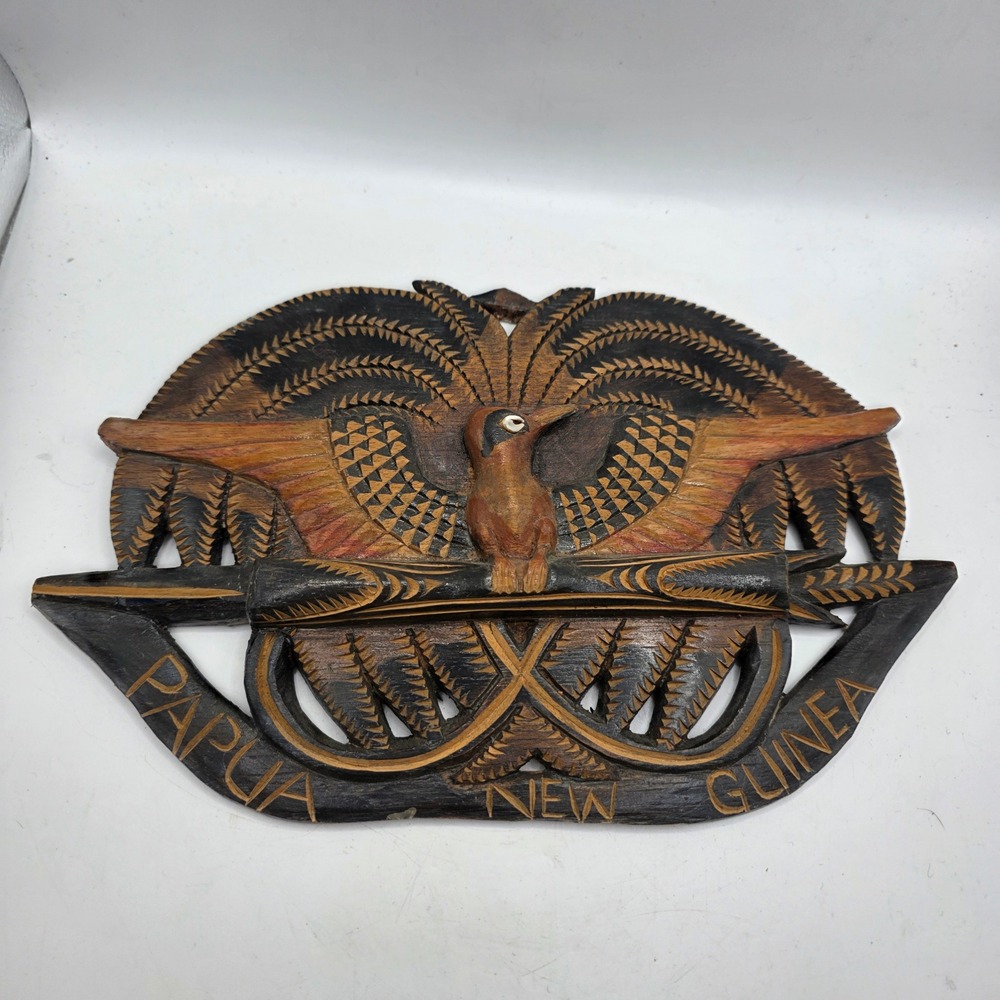 Vintage Papua New Guinea Bird of Paradise Hand Carved Wood Wall Plaque Tribal Ar